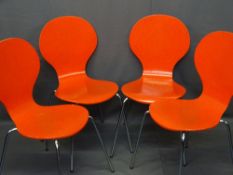 FOUR JULIAN BOWEN STYLISH CHROME & FORMED SEAT CHAIRS in red, 87cms H, 44cms W, 36cms D the seat