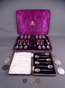 SILVER TEASPOONS, a fine boxed set of twelve all with tapered leaf etched handles and matching sugar