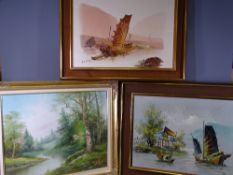 ORIENTAL SCHOOL two modern oils on canvas - yachting/river scenes, both 46 x 60cms and a similar