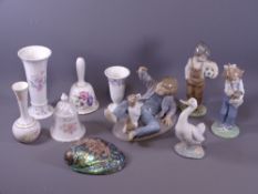FOUR NAO PORCELAIN FIGURINES with a small selection of porcelain vases and bells, makers include