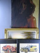 TWO OIL PAINTINGS and two vintage vehicle prints including a part profile of a naked woman, 153 x