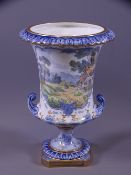 ROYAL CROWN DERBY CAMPANA VASE, 17cms H, decorated in tonal blues and gilt highlighting to a white