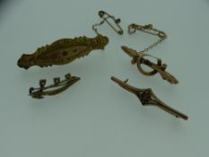 FOUR VICTORIAN BAR BROOCHES, three stamped '9ct', 5.7grms gross