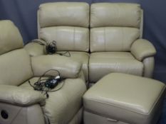 LEATHER THREE PIECE LOUNGE SUITE, mushroom colour to include two seater electric recliner couch,
