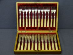 MAHOGANY CASED CANTEEN OF TWELVE BONE HANDLED FISH KNIVES & FORKS