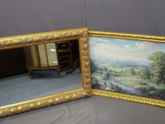 LARGE REPRODUCTION GILT FRAMED WALL MIRROR, 75 x 105.5cms with a similar sized gilt framed print