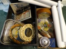 MISCELLANY - a lacquered and lidded box, dome top mantel clock, sundry small mirrors ETC