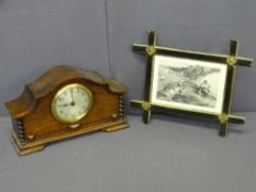 VINTAGE OAK CASED MANTEL CLOCK and a 19th century engraving in a gilt and ebonized frame