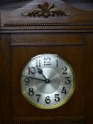 VINTAGE OAK TRIPLE WEIGHT CHIME STRIKE LONG-CASE CLOCK, the silvered dial with slightly stylized