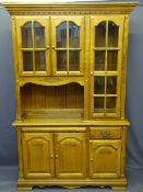 CONTINENTAL OAK EFFECT SIDEBOARD with display cabinet top, 203cms H, 131cms W, 43.5cms D