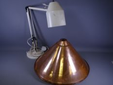 RETRO STYLE CIRCULAR BASED ANGLEPOISE LAMP and three large beaten copper conical rice hat shaped