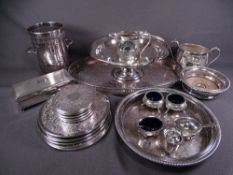 ELECTROPLATE - a parcel including an oval galleried tray, a twin-handled bottle holder, coasters,