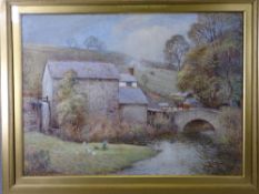 JOHN PEDDER watercolour - attractive rural scene with farmstead, bridge and farmer with donkey and