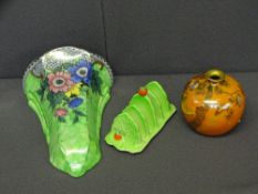 GREEN & FLORAL MALING WALL POCKET, an Arthur Wilkinson lustrous narrow necked bowl (chipped rim) and