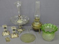 PAIR OF SHORT STEMMED ELECTROPLATED CANDLE HOLDERS, a glass and electroplated epergne (vase damaged)