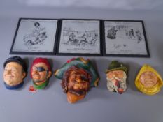 FIVE BOSSONS ORNAMENTAL WALL HEAD ORNAMENTS and three printed mirror place mats with scenes from