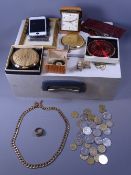 MIXED QUANTITY OF JEWELLERY, COINS & COLLECTABLES in a lidded wooden box including a large link