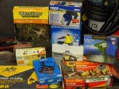 BOXED GARAGE TOOLS including a Performance 600W workshop vac, Auto XS wheel clamp, drill bit set,