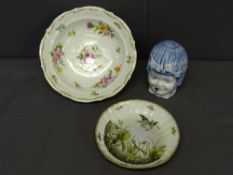 CIRCULAR DRESDEN DISH with gilt rim and floral posies, a continental dish featuring swans and