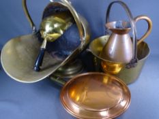 BRASS & COPPERWARE - a brass helmet coal scuttle and shovel, copper warming pan and a copper beer
