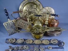 BRASS & COPPERWARE, a parcel to include two copper kettles, brass candleholders, kettle stands ETC