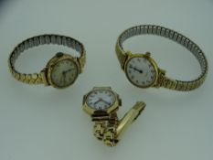TWO 9CT GOLD CASED LADY'S WRIST WATCHES and one other Rotary gold plated example, all the straps