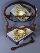 OVAL MAHOGANY TOILET MIRROR, modern gilt wall clock and a carved love spoon