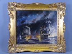 MITCHELL modern oil on canvas - HMS Indefatigable in a gilt washed frame, 24 x 29cms