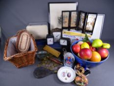 CLOCKS, SUNDRY ITEMS, ARTIFICIAL FRUIT, a mixed box and three books relating to the Old Penrhos