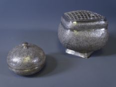 EASTERN WHITE METAL ROSE BOWL & CIRCULAR LIDDED BOX, unmarked and untested, 13cms H rose bowl and