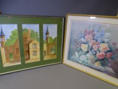 MARGARET KINDER watercolours, a triptych - 'The Old Workshops, Penrhos, Bangor', each section 48 x