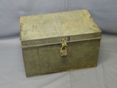 VINTAGE TIN TRUNK with iron carry handles, 37cms H, 61cms W, 38cms D