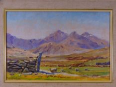 HEATHER CRAIGMILE oil on canvas - Snowdonia scene with grazing sheep in the foreground, signed and