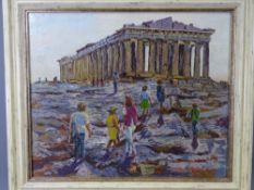ROWENA WYN (JONES) oil on canvas - a scene of the Parthenon with figures and children walking up a