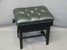 RISE & FALL PIANO STOOL, modern black upholstered and ebonized, 58 x 39cms