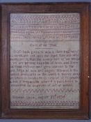 EARLY SAMPLER by Hannah Grant, August 27th, 1834, alphabetical and numerical together with a 10 line