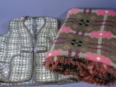 VINTAGE WELSH WOOL BLANKET with 'John Jones & Son, Bryncir' label in pink and green tones on