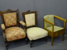 CIRCA 1900 LADY'S & GENT'S CARVED WALNUT SALON ARMCHAIRS with gallery back top rails, 96cms and