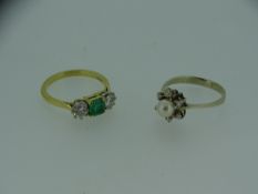 18CT GOLD DIAMOND & EMERALD DRESS RING & ONE OTHER, 0.33ct diamonds flanking a central green