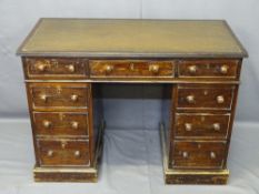 EARLY 20th CENTURY TWIN PEDESTAL KNEEHOLE DESK with tooled brown leather insert, 76cms H, 106cms