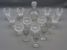 HOBNAIL CUT DECANTER with four large brandy balloons, six sundae dishes and four small thumbnail