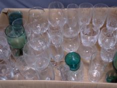 MIXED DRINKING GLASSWARE, a large parcel, including four plain stemmed green wine glasses