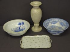 LARGE HEAVY CIRCULAR BASED ALABASTER VASE, two Staffordshire pottery toilet basins (both at fault)