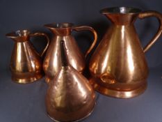 THREE COPPER BEER MEASURES, four gallon, two gallon and one gallon, complete with funnel (