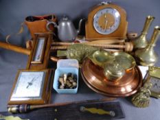 CLOCKS, BAROMETER, BRASSWARE ETC including a polished and cased aneroid wall barometer, a domed