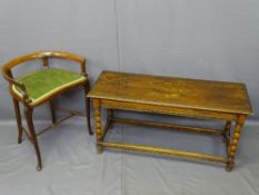 INLAID MAHOGANY CURVED BACK HIGH STOOL and an oak coffee table, 64.5cms H, 50.5cms W, 39cms D the