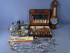 EPNS - a quantity including cased and loose cutlery, a three piece oval teaset and a vintage oak