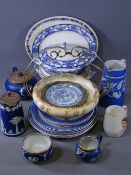 SILVER MOUNTED WEDGWOOD JASPERWARE FOUR PIECE TEASET with other blue and white and decorative