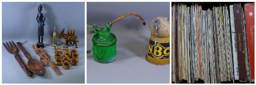 AFRICAN CARVED WOOD FIGURINE and other items of treenware, vintage LPs & 45RPM records to include
