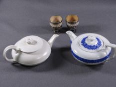 TWO TEAPOTS - circular squat shaped semi-glazed - one Ridgways plain, no decoration, and Wedgwood